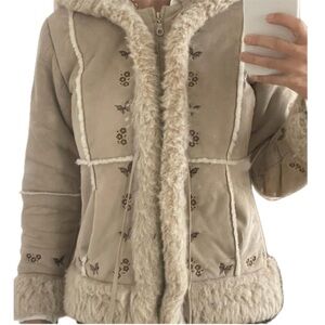 Vintage Tan Hooded Faux Suede Sherpa Jacket with Butterfly and Floral Embroidery